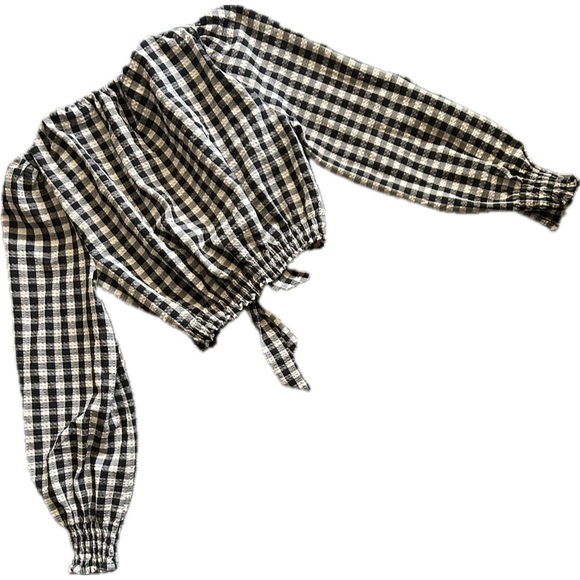 Zara XS Seersucker Gingham Cropped Long Sleeved Front Tie Blouse Black and White - Picture 3 of 7